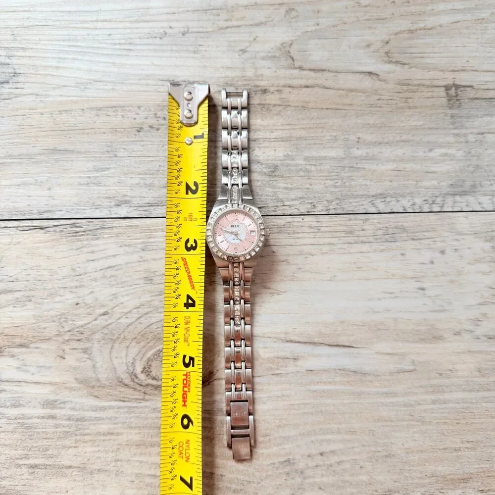 Relic Pink Dial Silver Tone Rhinestone Watch Y2K Glam Crystal Bracelet Date